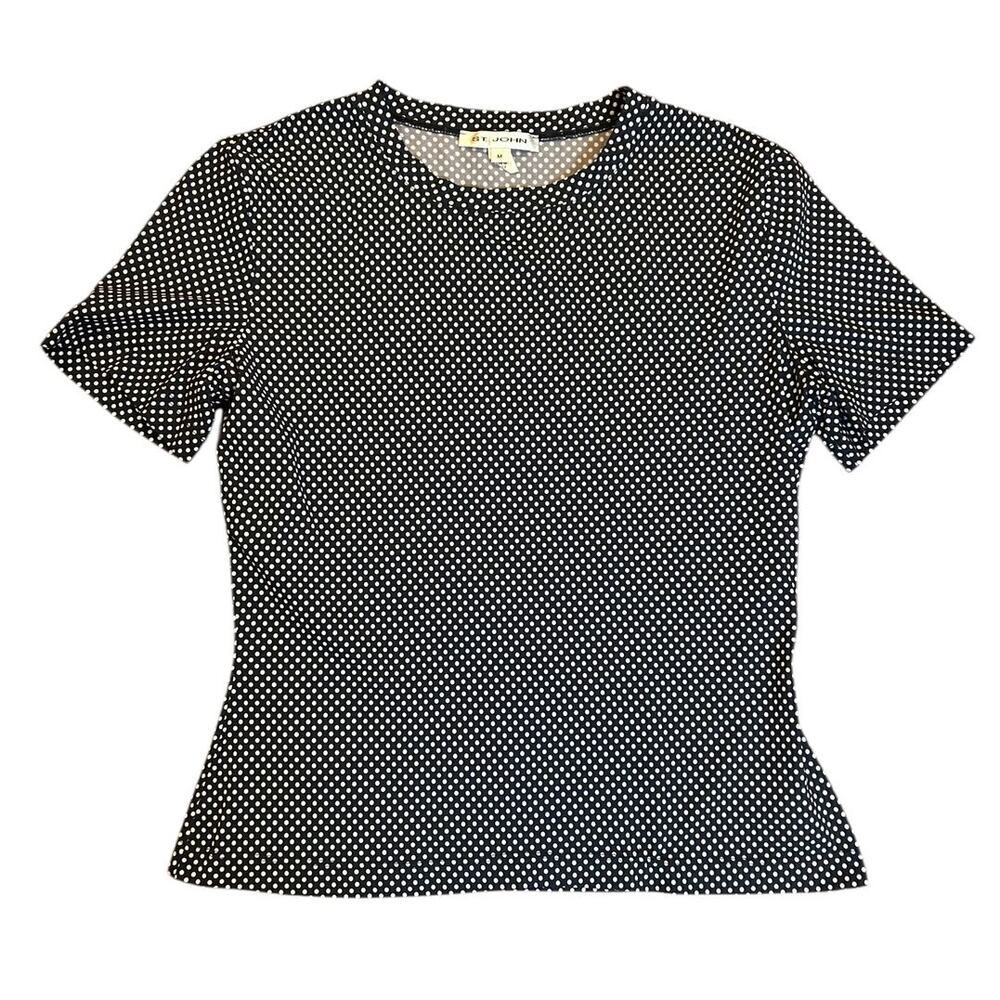 ST. JOHN Navy Blue Polka Dot Short Sleeve Stretch Women's Top T Shirt MEDIUM
